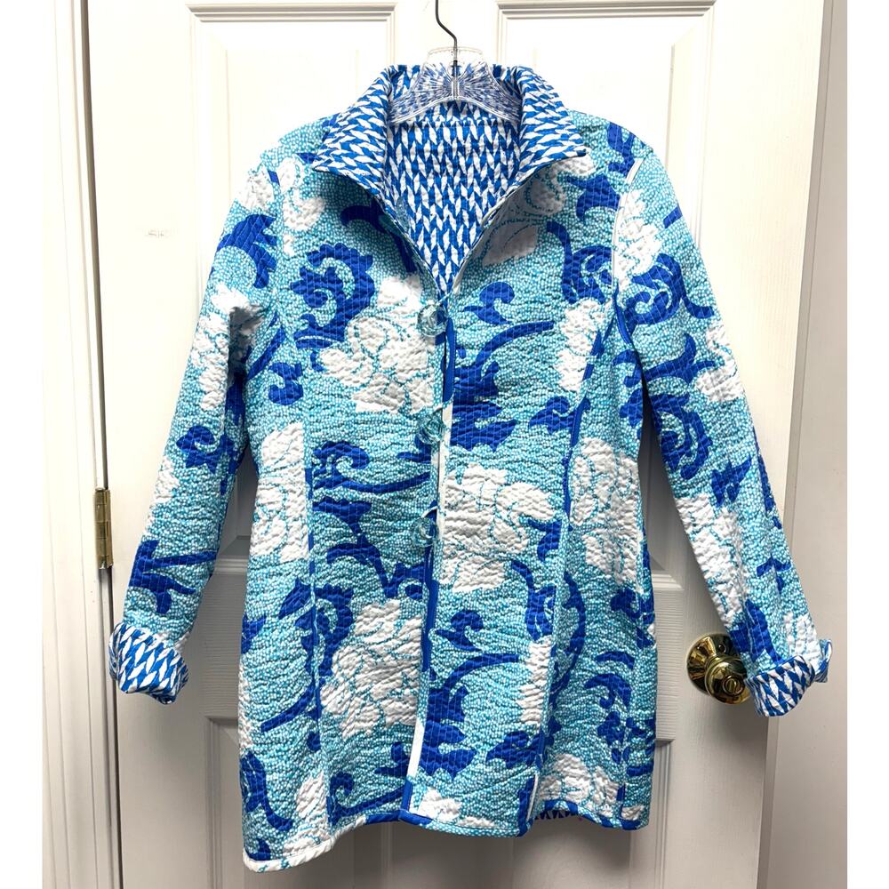 Patty Kim Jacket Blue White Quilted Floral Reversible Geometric Cotton Womens S